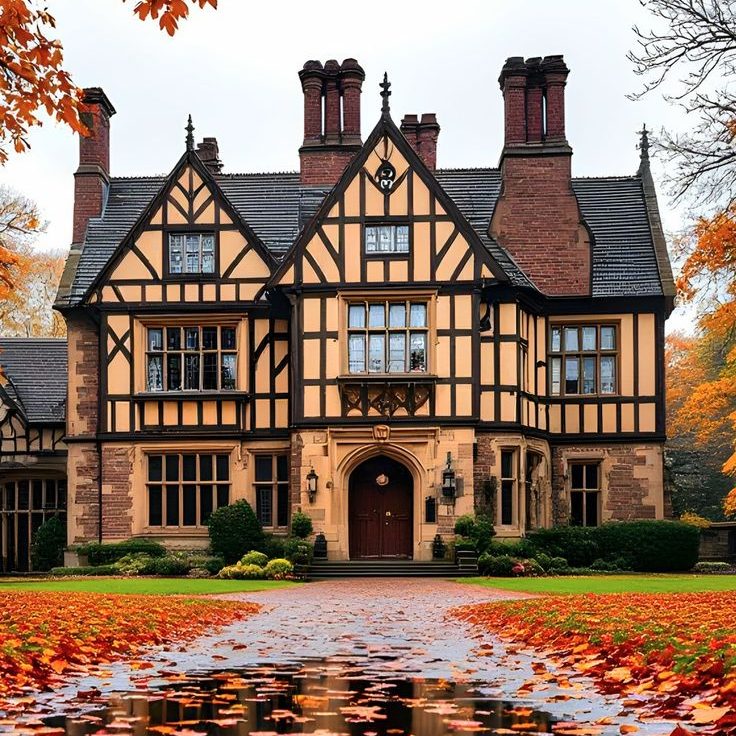 Foto eines Hauses Elegantes viktorianisches Haus umgeben von buntem Herbstlaub.